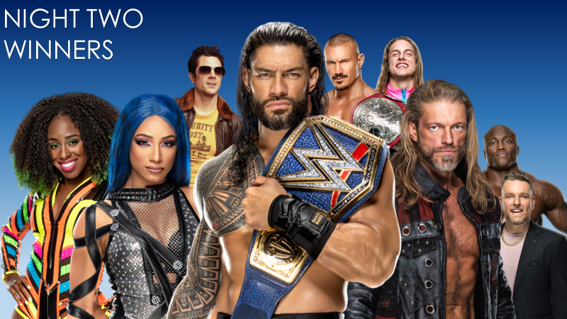 Counter-clockwise from bottom left: Naomi, Sasha Banks, Roman Reigns, Edge, Pat McAfee, Bobby Lashley, Riddle, Randy Orton, Johnny Knoxville